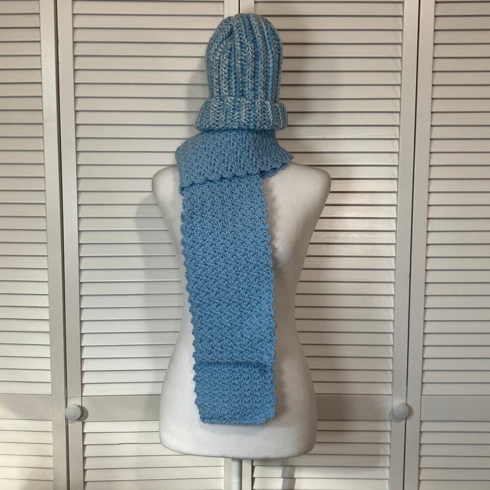 NWT Handmade Crocheted Light Blue Textured Adult  Beanie Scarf 77”